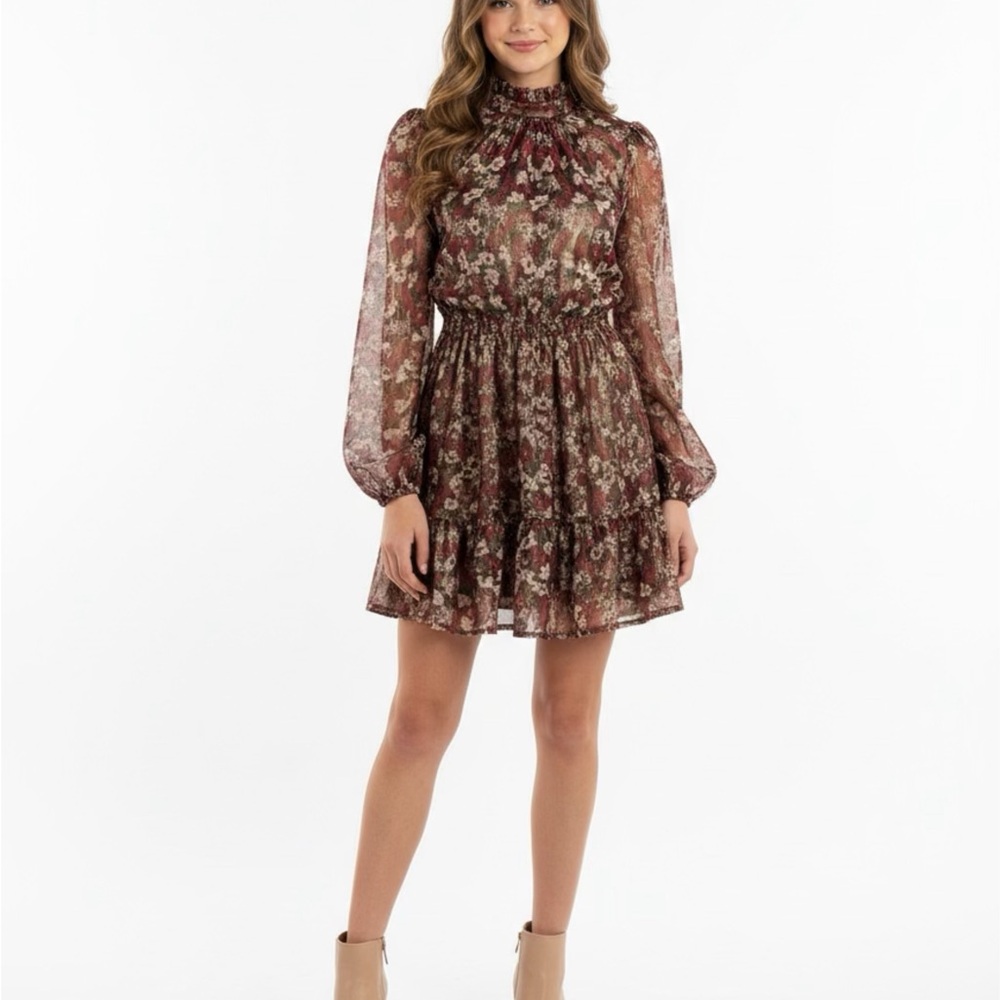 Trixxi Burgundy Floral Long Sleeve Dress
